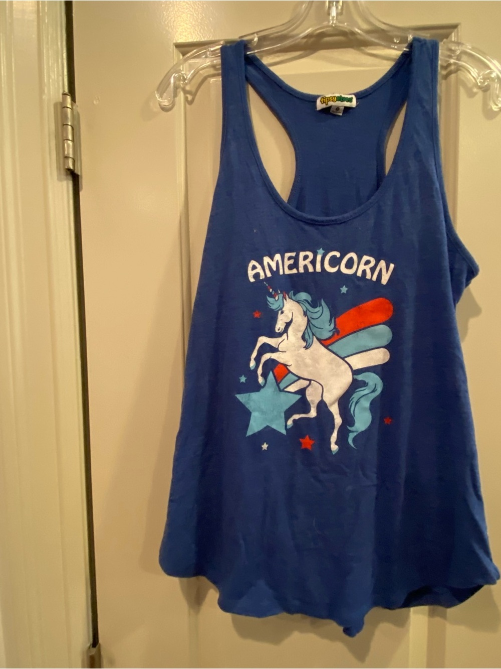 Tipsy Elves Blue Americorn Graphic women’s racerback Tank Top size M Unicorn